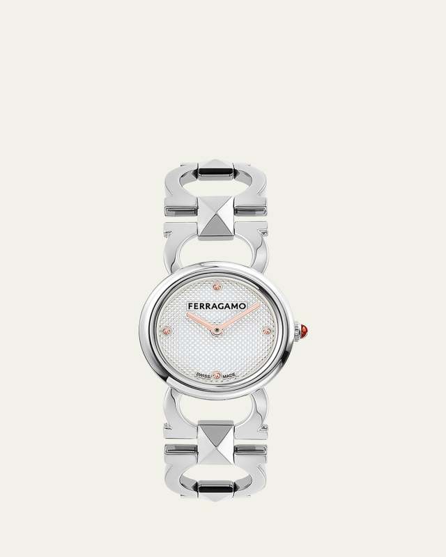 25mm Double Gancini Stud Watch with Silver Dial, Stainless Steel
